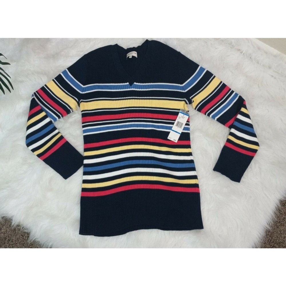 Jones New York Sport Womens 1X Striped V-Neck Pullover Long Sleeve Sweater NWT